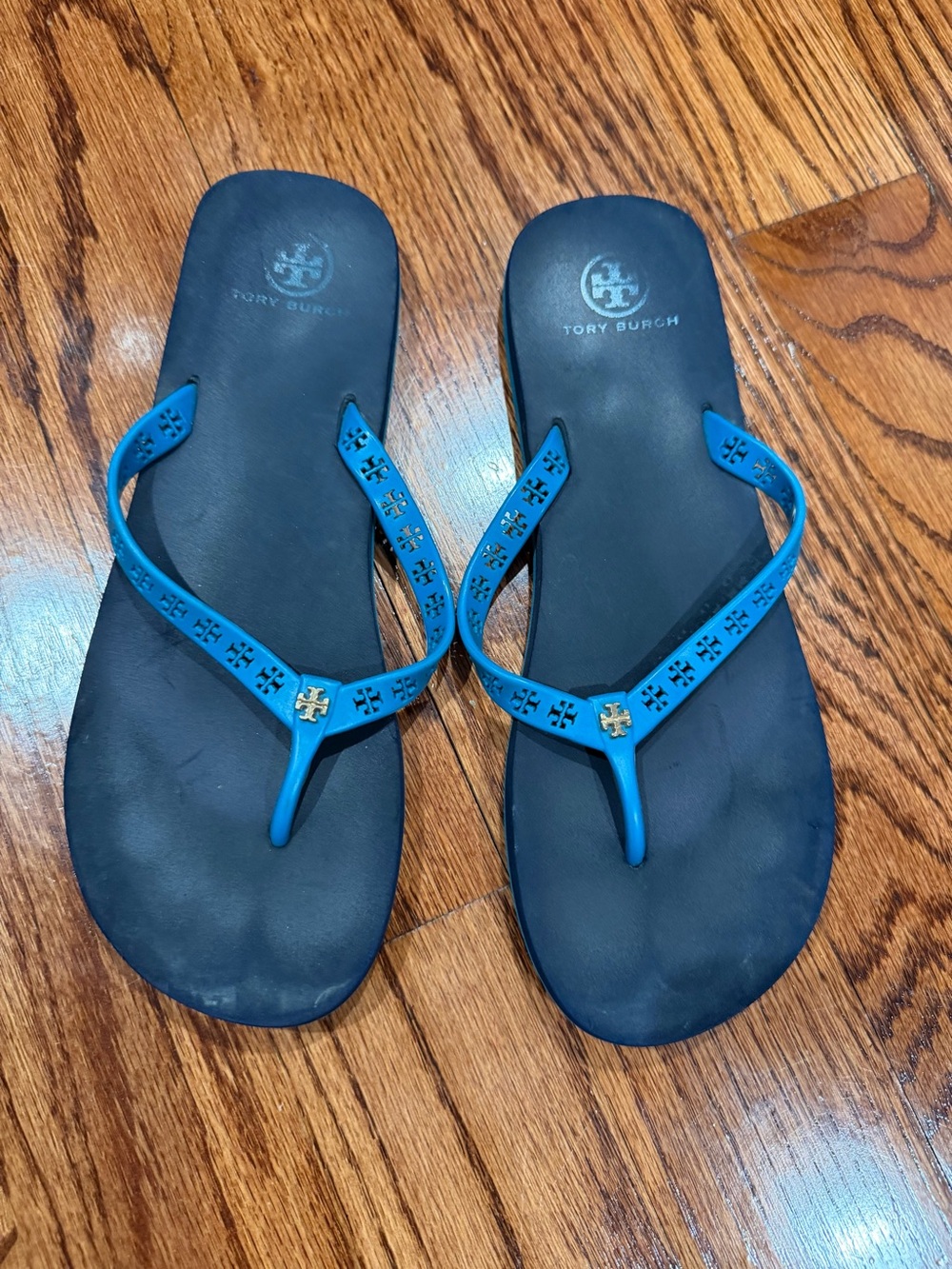Tory Burch Black Footbed Blue Logo Thong Sandals